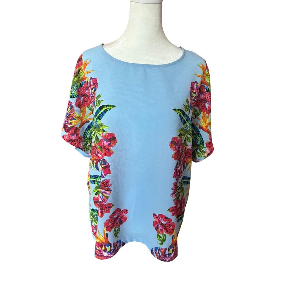 New Direction Womens Blue Tropical Floral Hibiscus Short Sleeve Blouse Large